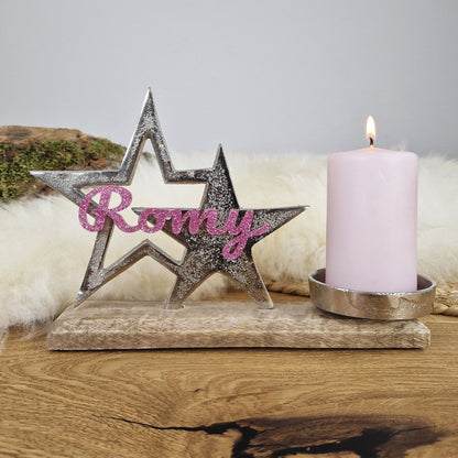 Personalisierter, großer Kerzenhalter "Sterne" mit rosa Schrift, Kerzenständer Taufkerze, Kommunionkerze Trauerkerze Sternenkind