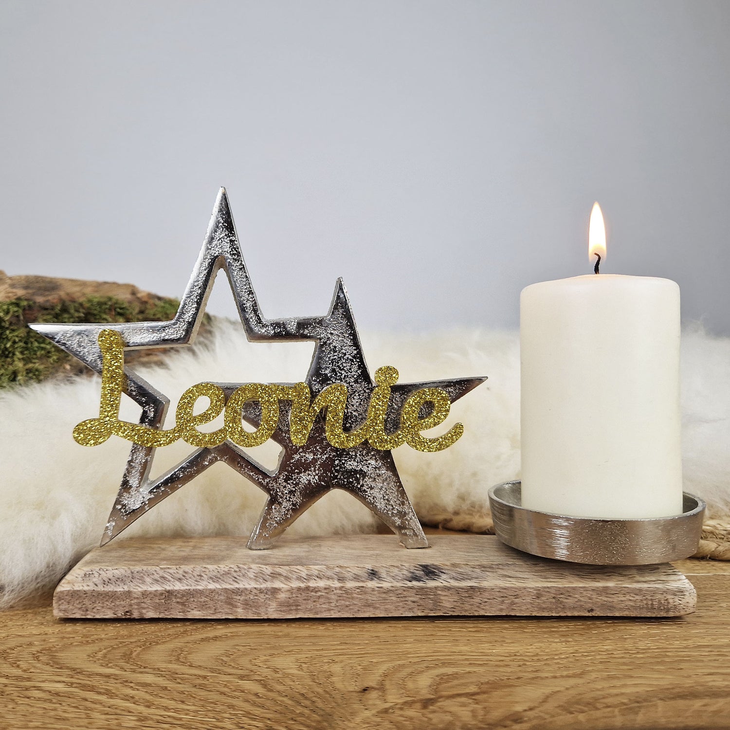 Personalisierter, großer Kerzenhalter "Sterne" mit goldener Schrift, Kerzenständer Taufkerze, Kommunionkerze Trauerkerze Sternenkind