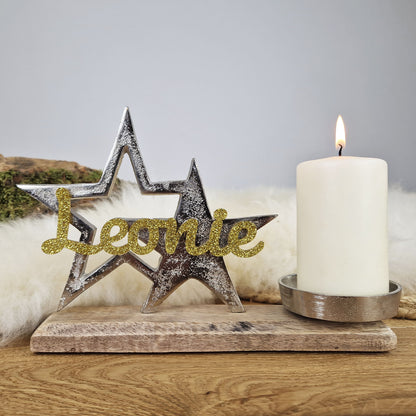 Personalisierter, großer Kerzenhalter "Sterne" mit goldener Schrift, Kerzenständer Taufkerze, Kommunionkerze Trauerkerze Sternenkind