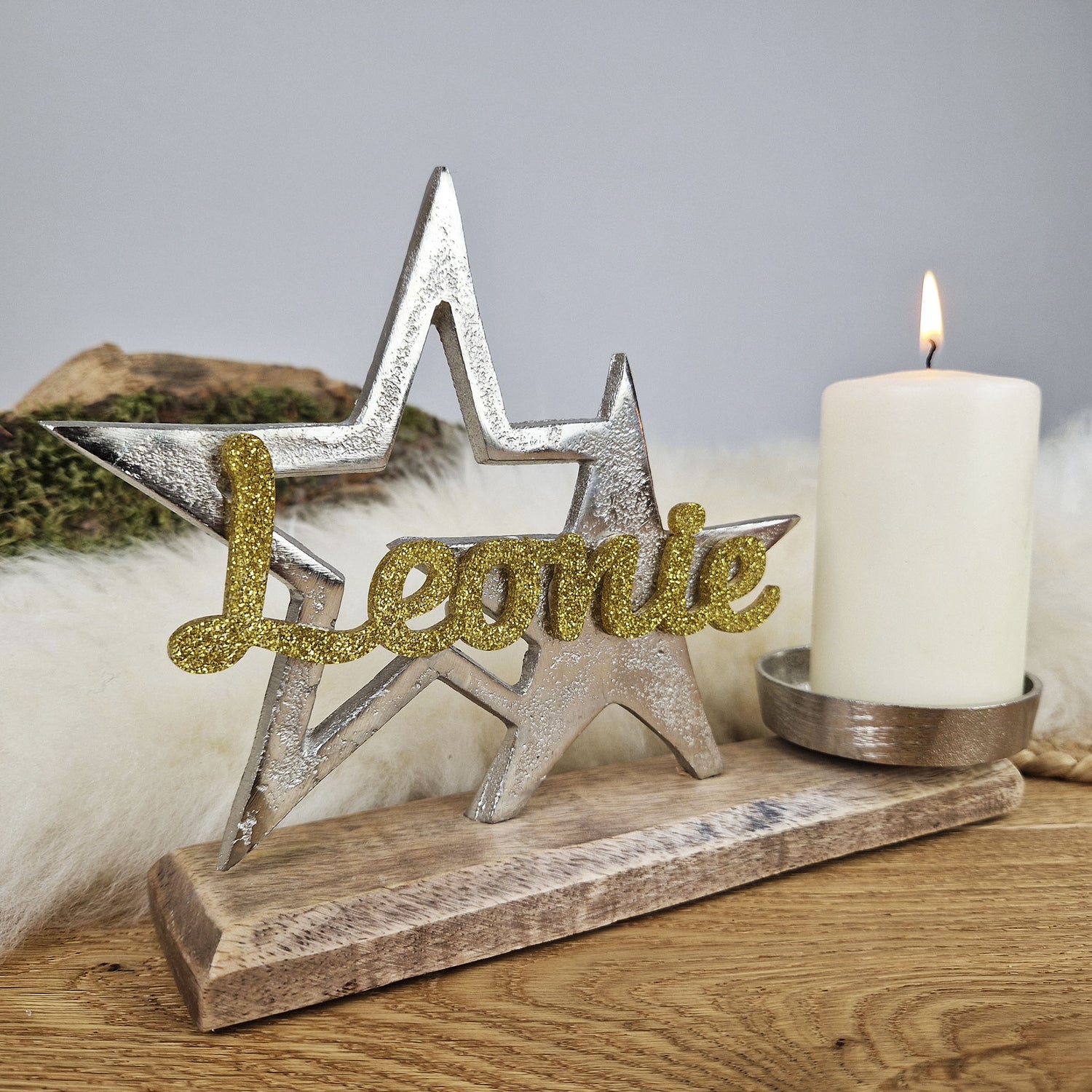 Personalisierter, großer Kerzenhalter "Sterne" mit goldener Schrift, Kerzenständer Taufkerze, Kommunionkerze Trauerkerze Sternenkind