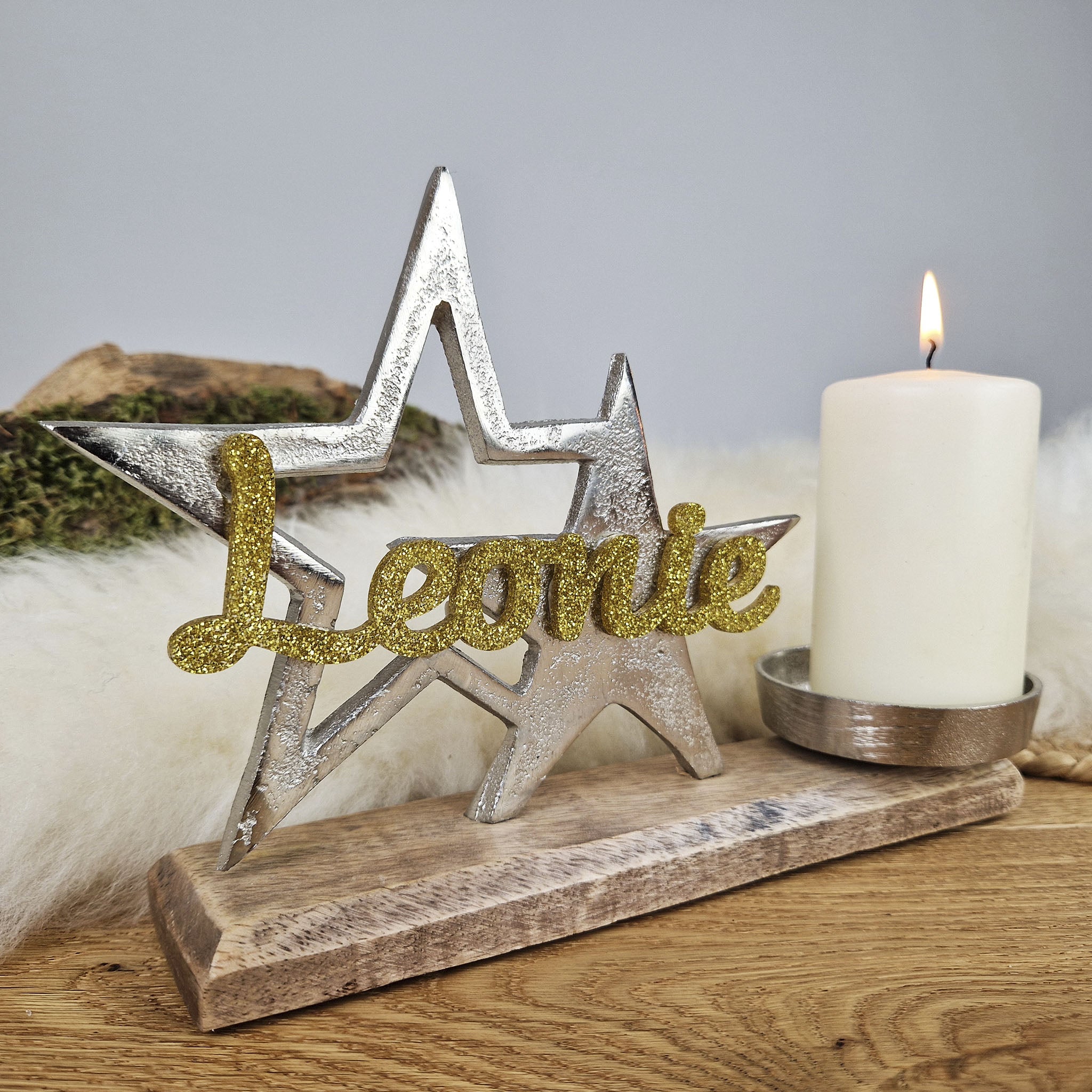 Personalisierter, großer Kerzenhalter "Sterne" mit goldener Schrift, Kerzenständer Taufkerze, Kommunionkerze Trauerkerze Sternenkind