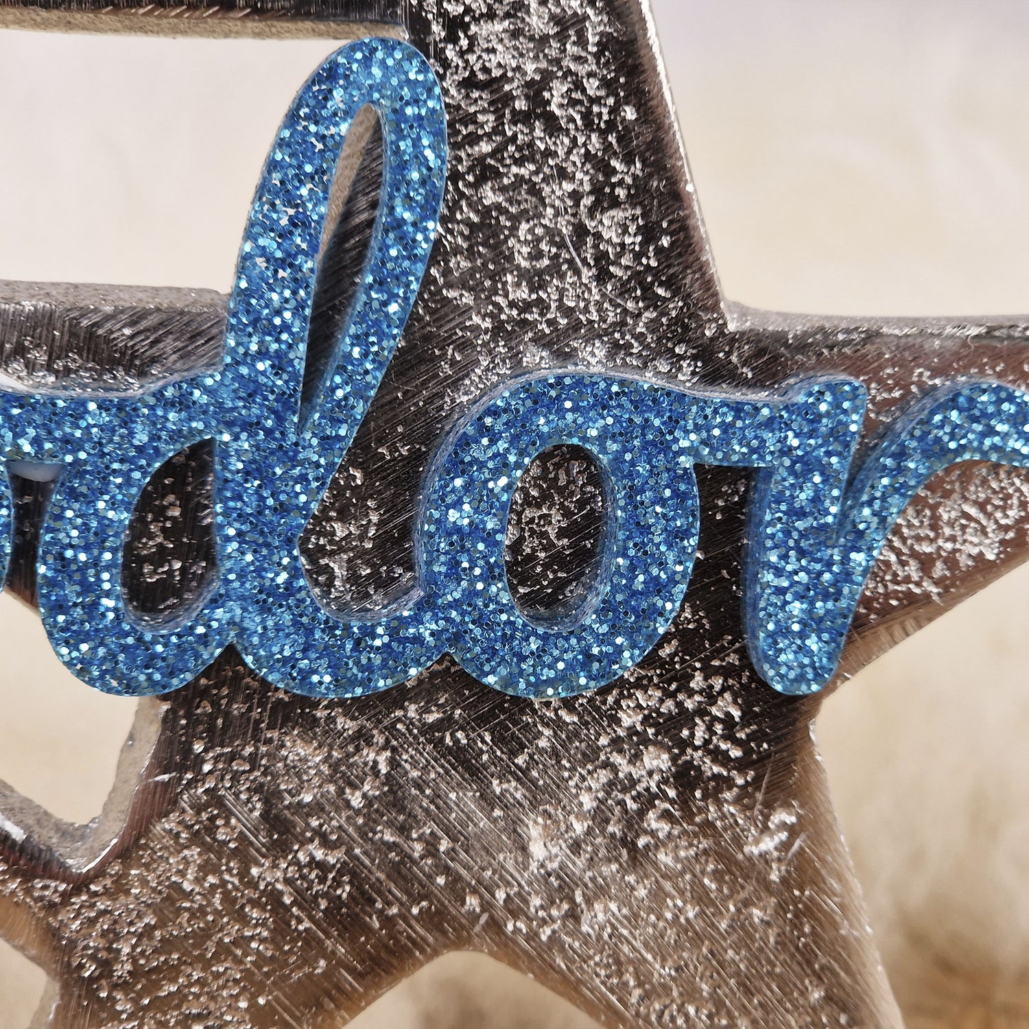 Personalisierter, großer Kerzenhalter "Sterne" mit türkisblauer Schrift, Kerzenständer Kommunionkerze, Taufkerze,Trauerkerze Sternenkind