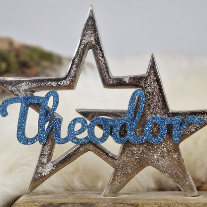Personalisierter, großer Kerzenhalter "Sterne" mit türkisblauer Schrift, Kerzenständer Kommunionkerze, Taufkerze,Trauerkerze Sternenkind