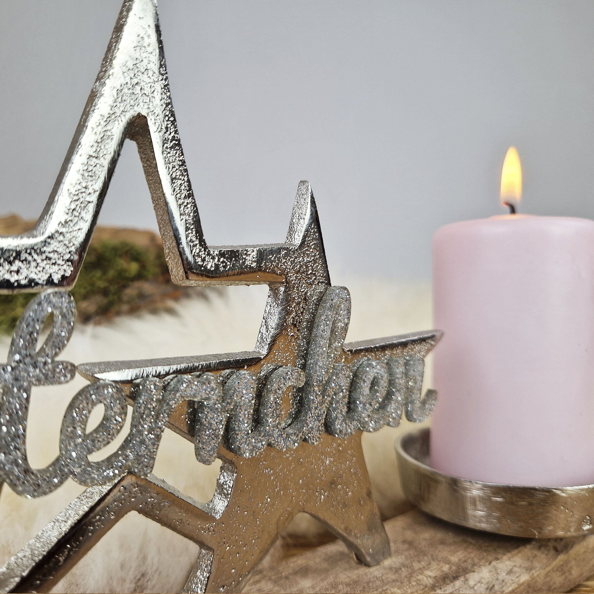Personalisierter, großer Kerzenhalter "Sterne" mit silberner Schrift, Kerzenständer Kommunionkerze, Taufkerze, Trauerkerze Sternenkind