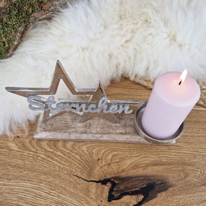 Personalisierter, großer Kerzenhalter "Sterne" mit silberner Schrift, Kerzenständer Kommunionkerze, Taufkerze, Trauerkerze Sternenkind