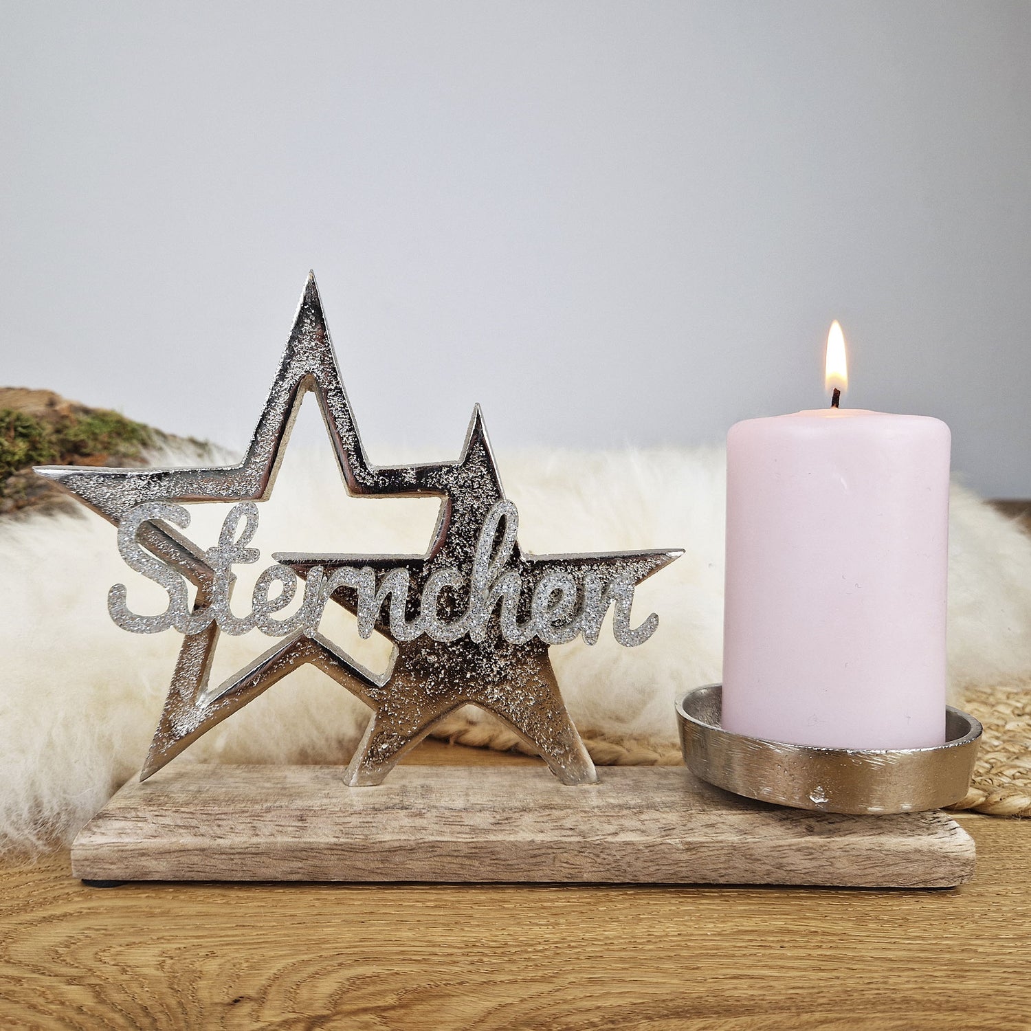 Personalisierter, großer Kerzenhalter "Sterne" mit silberner Schrift, Kerzenständer Kommunionkerze, Taufkerze, Trauerkerze Sternenkind