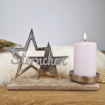 Personalisierter, großer Kerzenhalter "Sterne" mit silberner Schrift, Kerzenständer Kommunionkerze, Taufkerze, Trauerkerze Sternenkind
