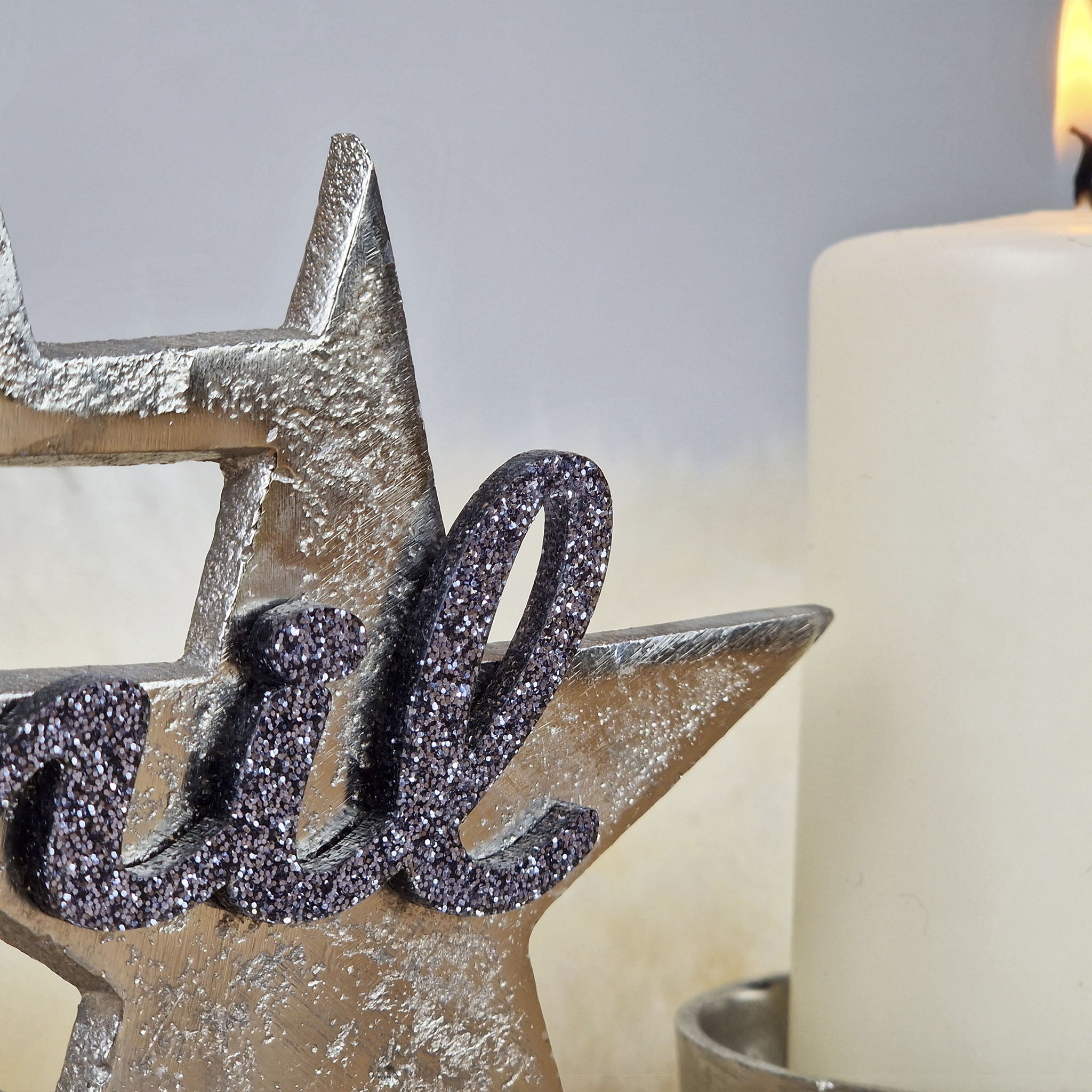 Personalisierter, großer Kerzenhalter "Sterne" mit grauer Schrift, Kerzenständer Taufkerze Trauerkerze Sternenkind