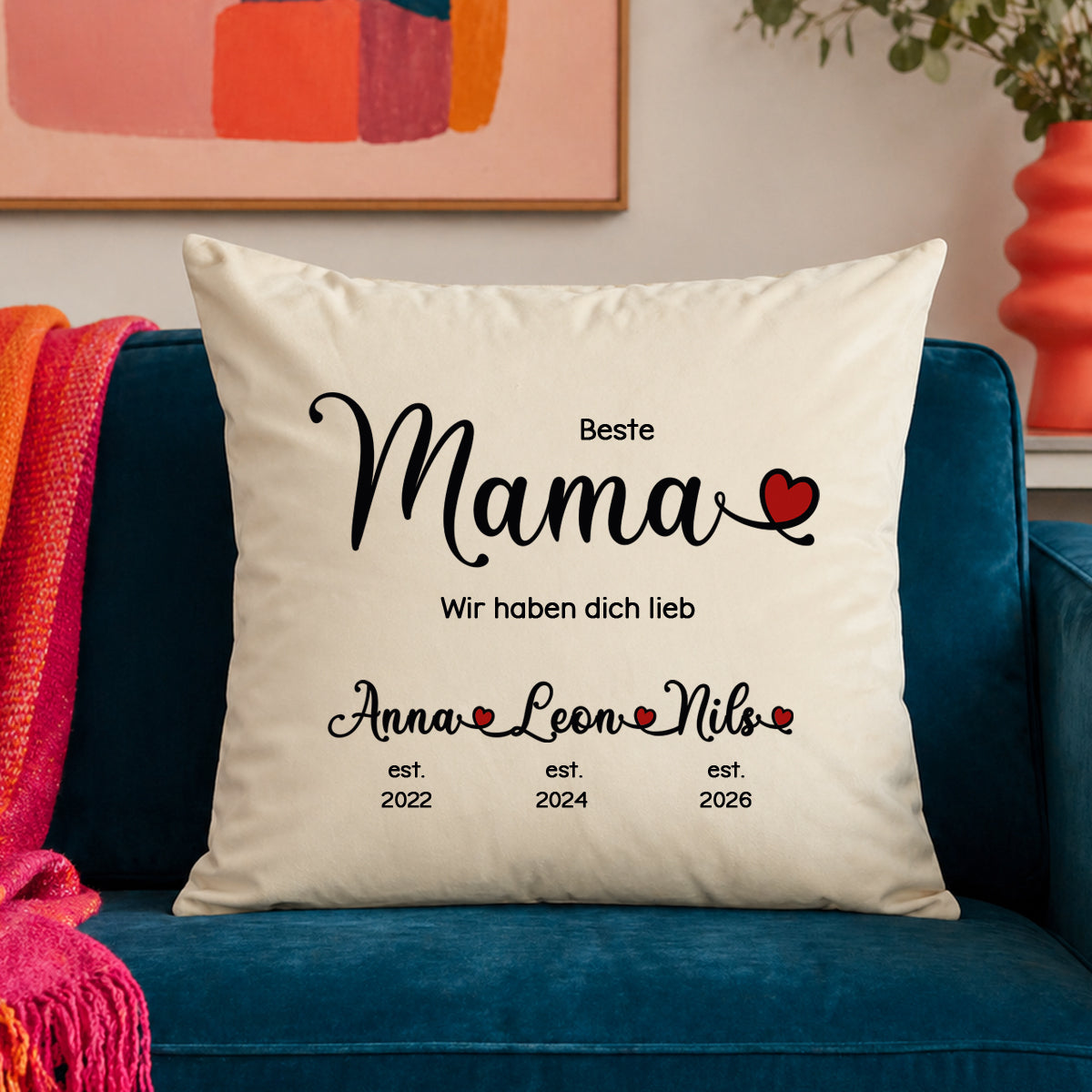 Großes Samt-Kissen "Beste Mama" personalisiert mit deinen Wunschnamen, 50x50cm