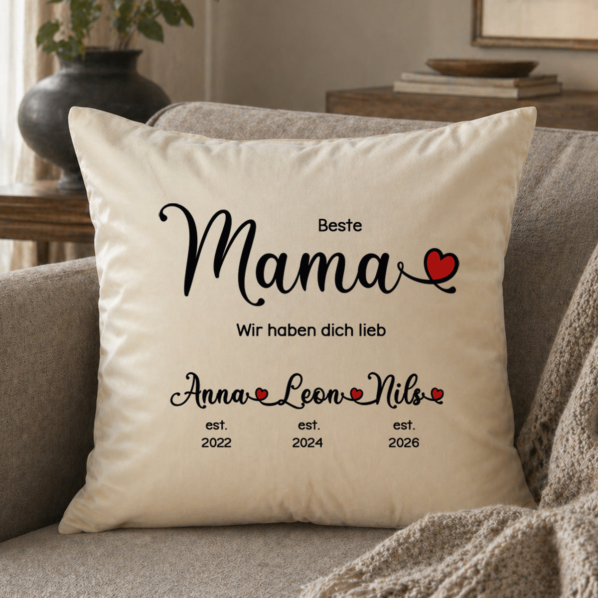 Großes Samt-Kissen "Beste Mama" personalisiert mit deinen Wunschnamen, 50x50cm