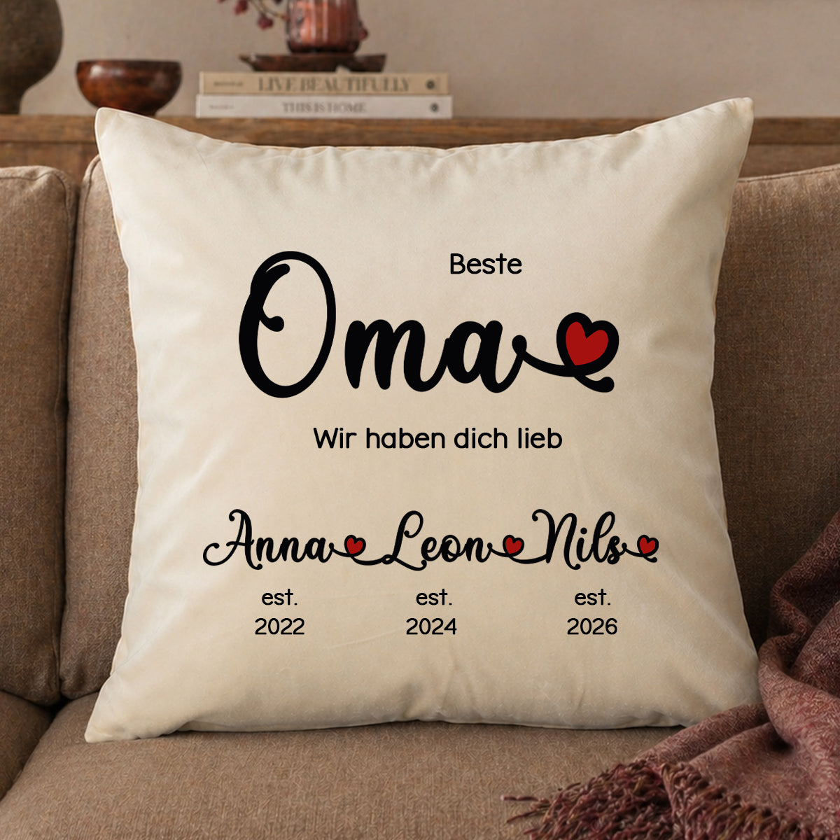 Großes Samt-Kissen "Beste Oma personalisiert mit deinen Wunschnamen, 50x50cm