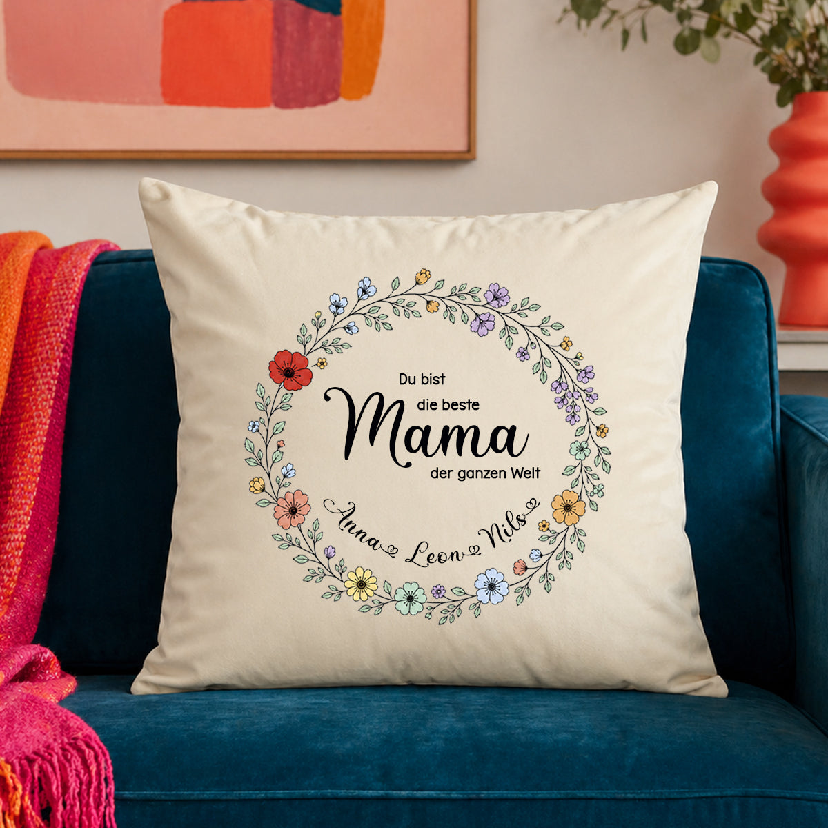 Großes Samt-Kissen "Beste Mama der Welt" personalisiert mit deinen Wunschnamen, 50x50cm