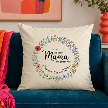 Großes Samt-Kissen "Beste Mama der Welt" personalisiert mit deinen Wunschnamen, 50x50cm