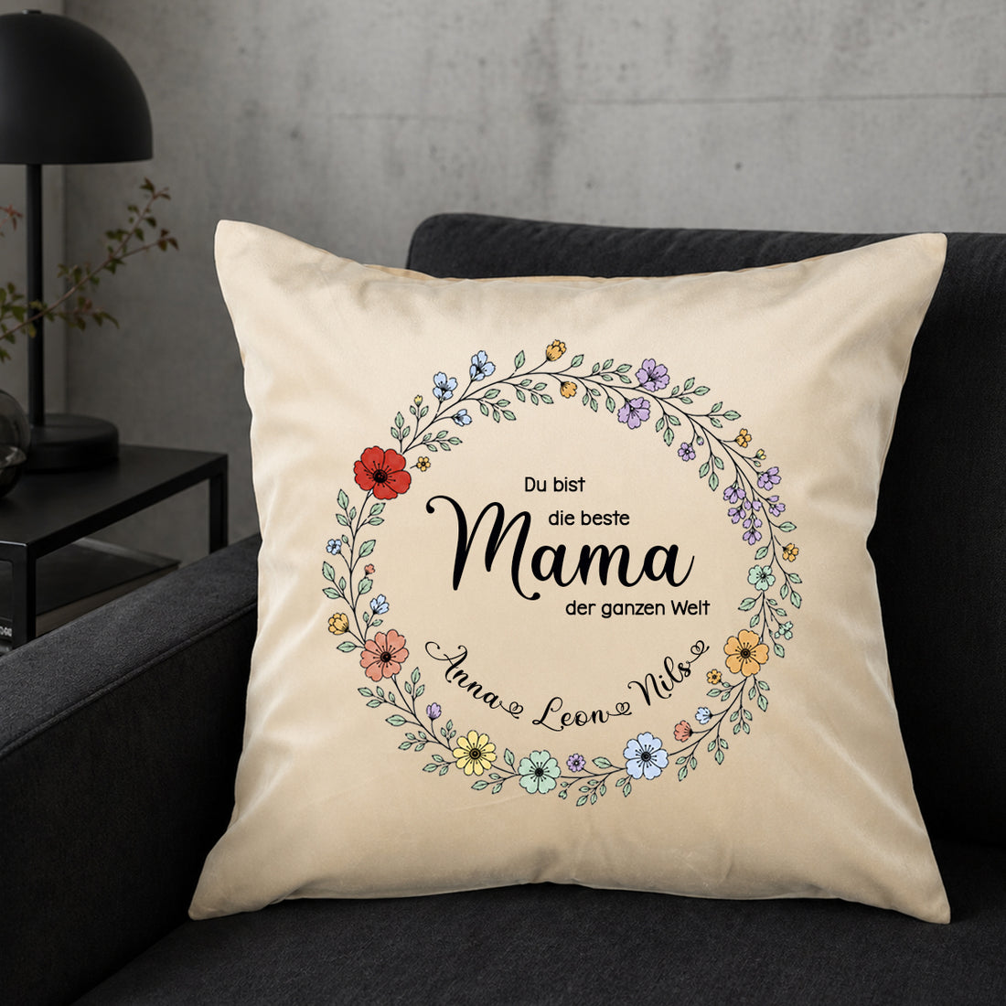 Großes Samt-Kissen "Beste Mama der Welt" personalisiert mit deinen Wunschnamen, 50x50cm