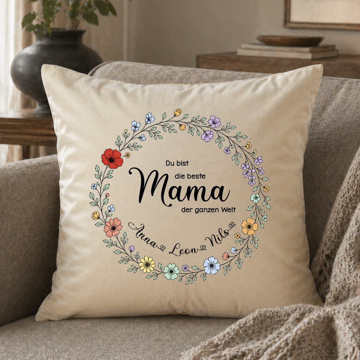 Großes Samt-Kissen "Beste Mama der Welt" personalisiert mit deinen Wunschnamen, 50x50cm