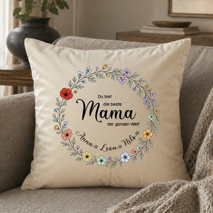 Großes Samt-Kissen "Beste Mama der Welt" personalisiert mit deinen Wunschnamen, 50x50cm