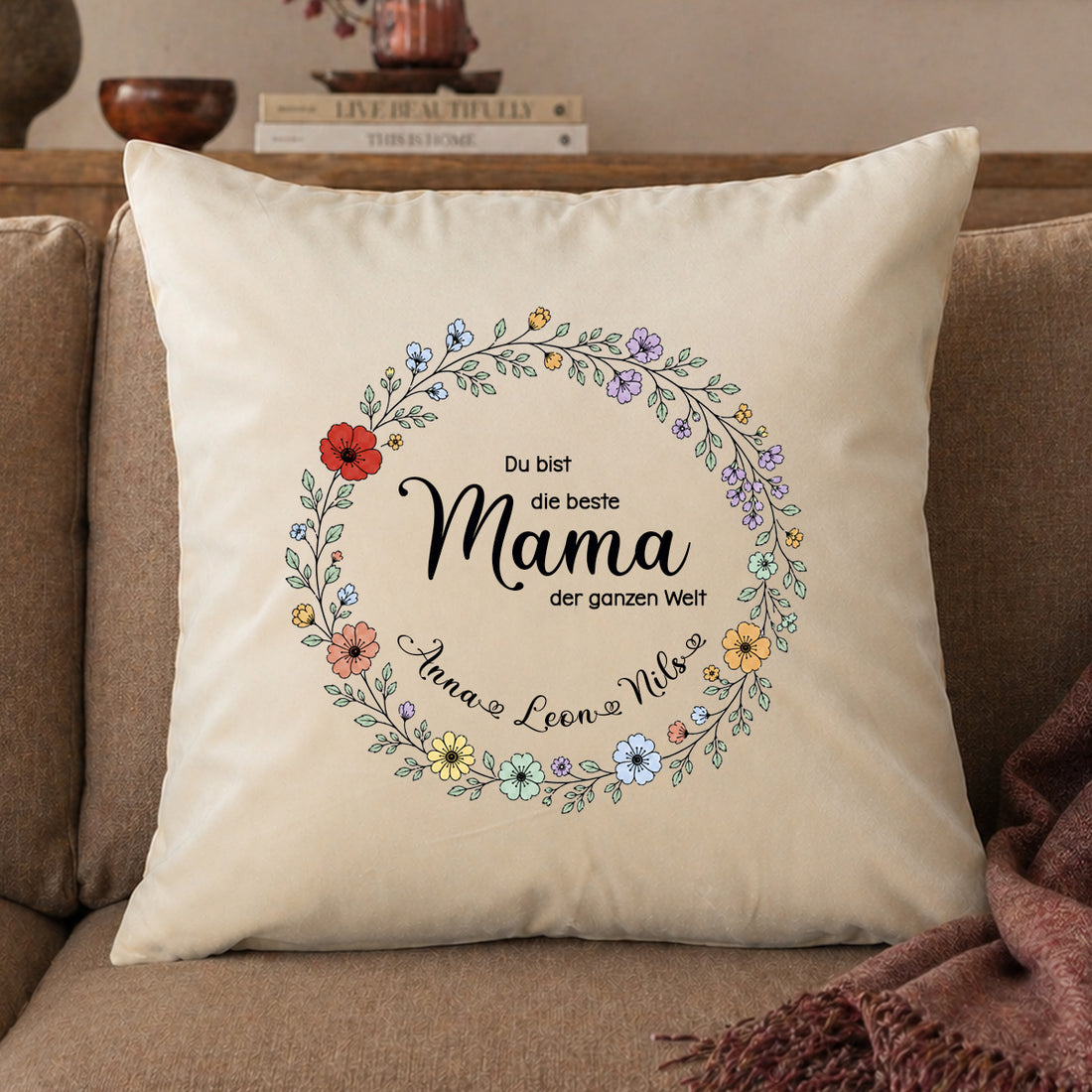 Großes Samt-Kissen "Beste Mama der Welt" personalisiert mit deinen Wunschnamen, 50x50cm