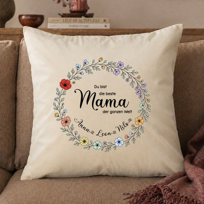 Großes Samt-Kissen "Beste Mama der Welt" personalisiert mit deinen Wunschnamen, 50x50cm