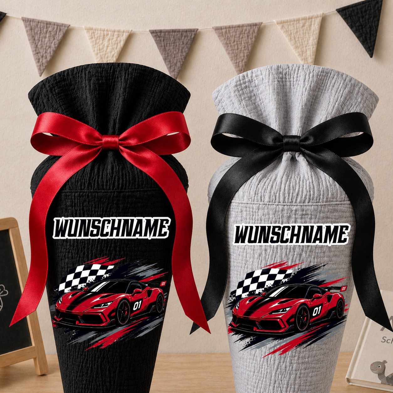 Schultüte Rennwagen Wunschname, personalisierte Schultüte aus Stoff Musselin mit Name individualisierbar, 70cm (85-90cm), 20 Grundfarben
