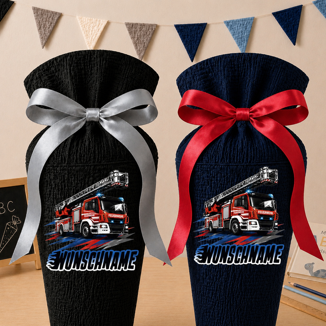 Schultüte Feuerwehr Wunschname, personalisierte Schultüte aus Stoff Musselin mit Name individualisierbar, 70cm (85-90cm), 20 Grundfarben