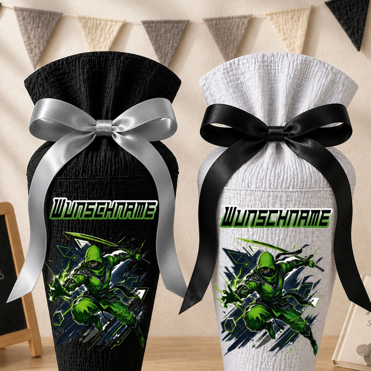Schultüte Ninja (grün) Wunschname, personalisierte Schultüte aus Stoff Musselin mit Name individualisierbar, 70cm (85-90cm), 20 Grundfarben