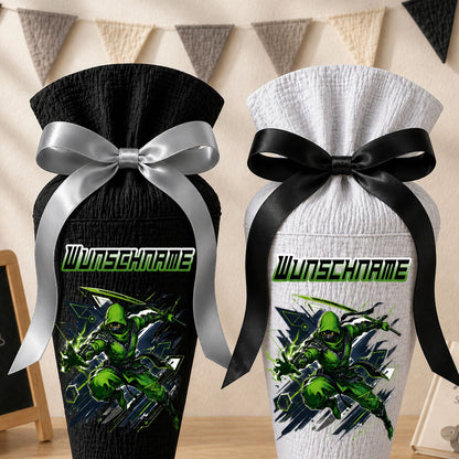Schultüte Ninja (grün) Wunschname, personalisierte Schultüte aus Stoff Musselin mit Name individualisierbar, 70cm (85-90cm), 20 Grundfarben