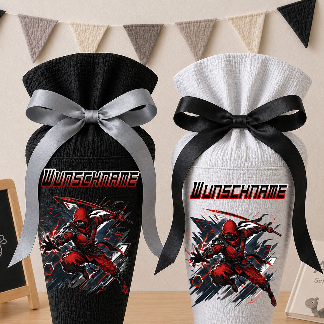 Schultüte Ninja (rot) Wunschname, personalisierte Schultüte aus Stoff Musselin mit Name individualisierbar, 70cm (85-90cm), 20 Grundfarben