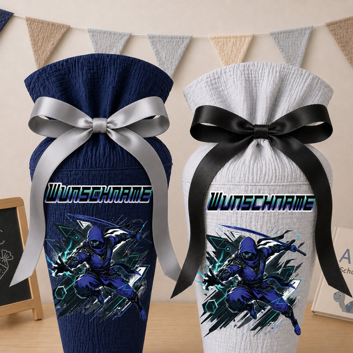 Schultüte Ninja (blau) Wunschname, personalisierte Schultüte aus Stoff Musselin mit Name individualisierbar, 70cm (85-90cm), 20 Grundfarben