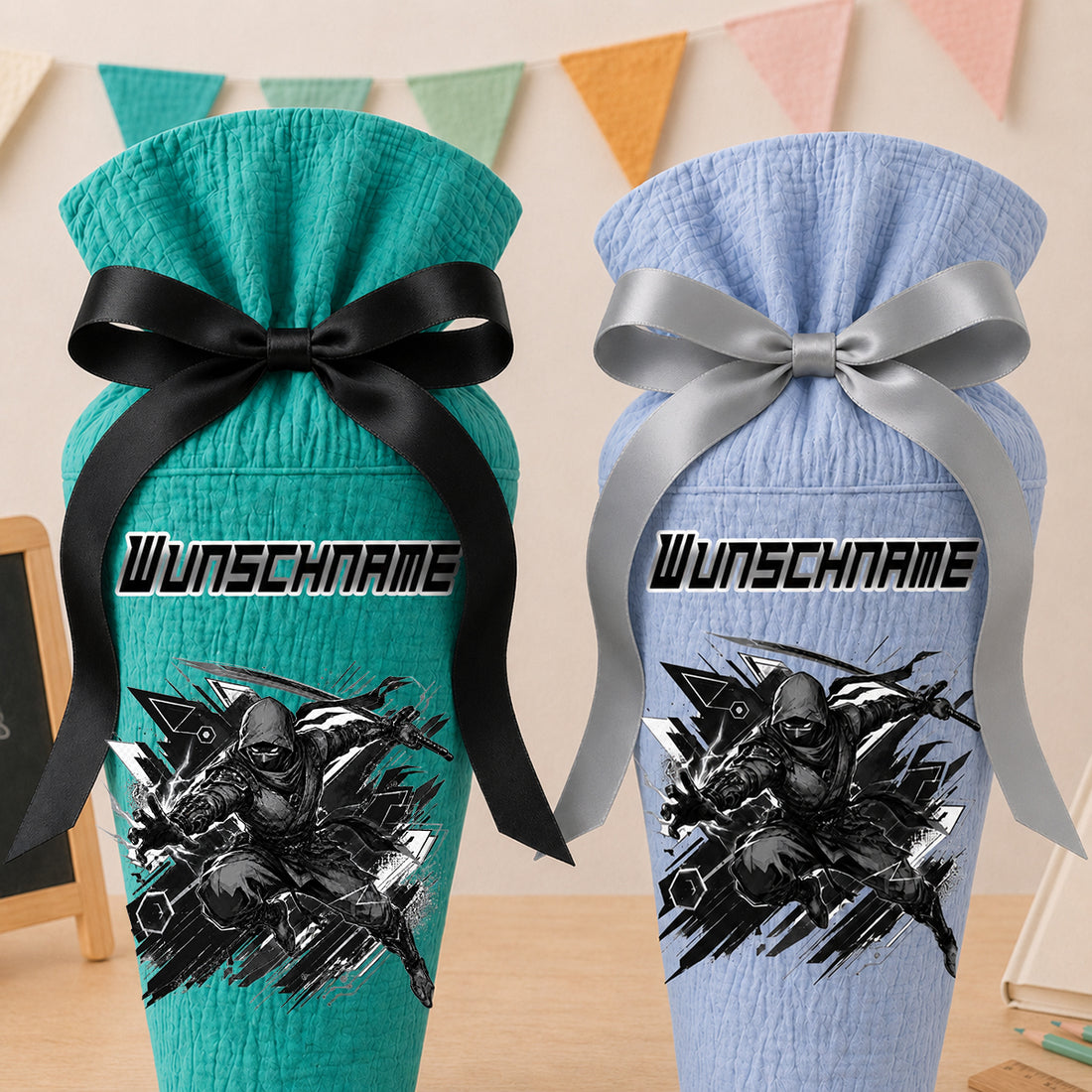 Schultüte Ninja (schwarz-grau) Wunschname, personalisierte Schultüte aus Stoff Musselin mit Name individualisierbar, 70cm (85-90cm), 20 Grundfarben