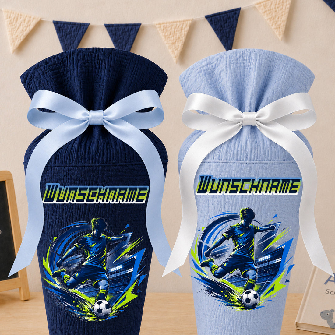 Schultüte Fußball II Wunschname, personalisierte Schultüte aus Stoff Musselin mit Name individualisierbar, 70cm (85-90cm), 20 Grundfarben (Kopie)