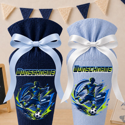 Schultüte Fußball II Wunschname, personalisierte Schultüte aus Stoff Musselin mit Name individualisierbar, 70cm (85-90cm), 20 Grundfarben (Kopie)