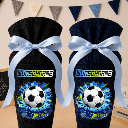 Schultüte Fußball III Wunschname, personalisierte Schultüte aus Stoff Musselin mit Name individualisierbar, 70cm (85-90cm), 20 Grundfarben