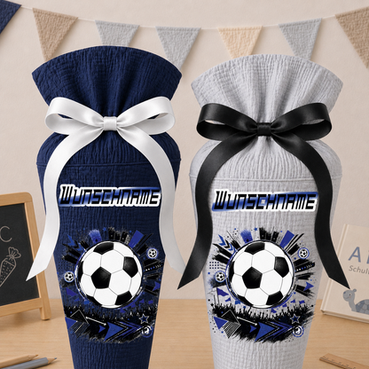 Schultüte Fußball Vereinsfarben Wunschname, personalisierte Schultüte aus Stoff Musselin mit Name individualisierbar, 70cm (85-90cm), 20 Grundfarben