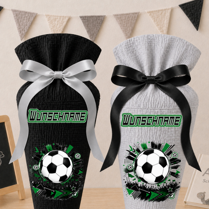 Schultüte Fußball Vereinsfarben Wunschname, personalisierte Schultüte aus Stoff Musselin mit Name individualisierbar, 70cm (85-90cm), 20 Grundfarben