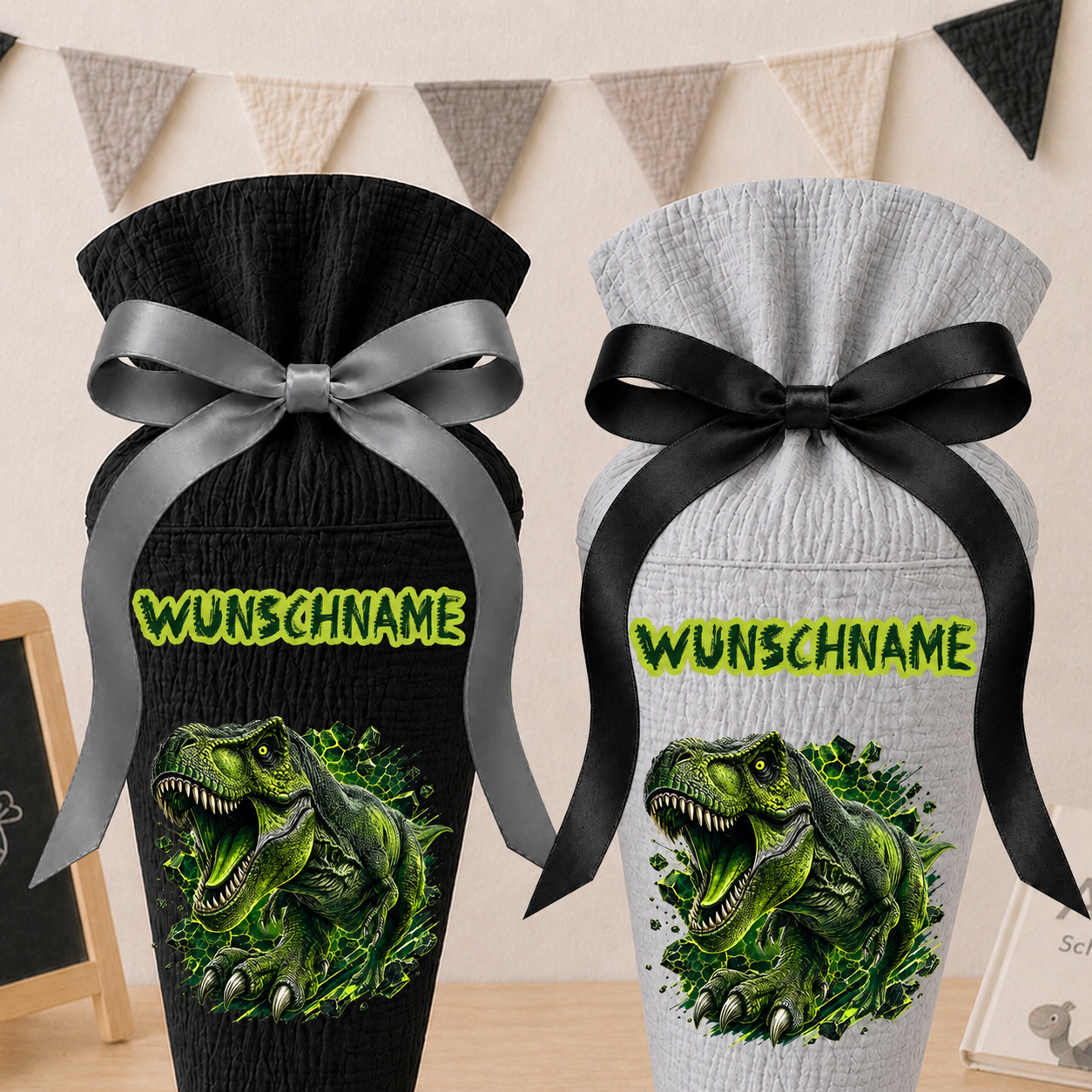 Schultüte Dinosaurier mit Wunschname, personalisierte Schultüte aus Stoff Musselin mit Name individualisierbar, 70cm (85-90cm), 20 Grundfarben wählbar