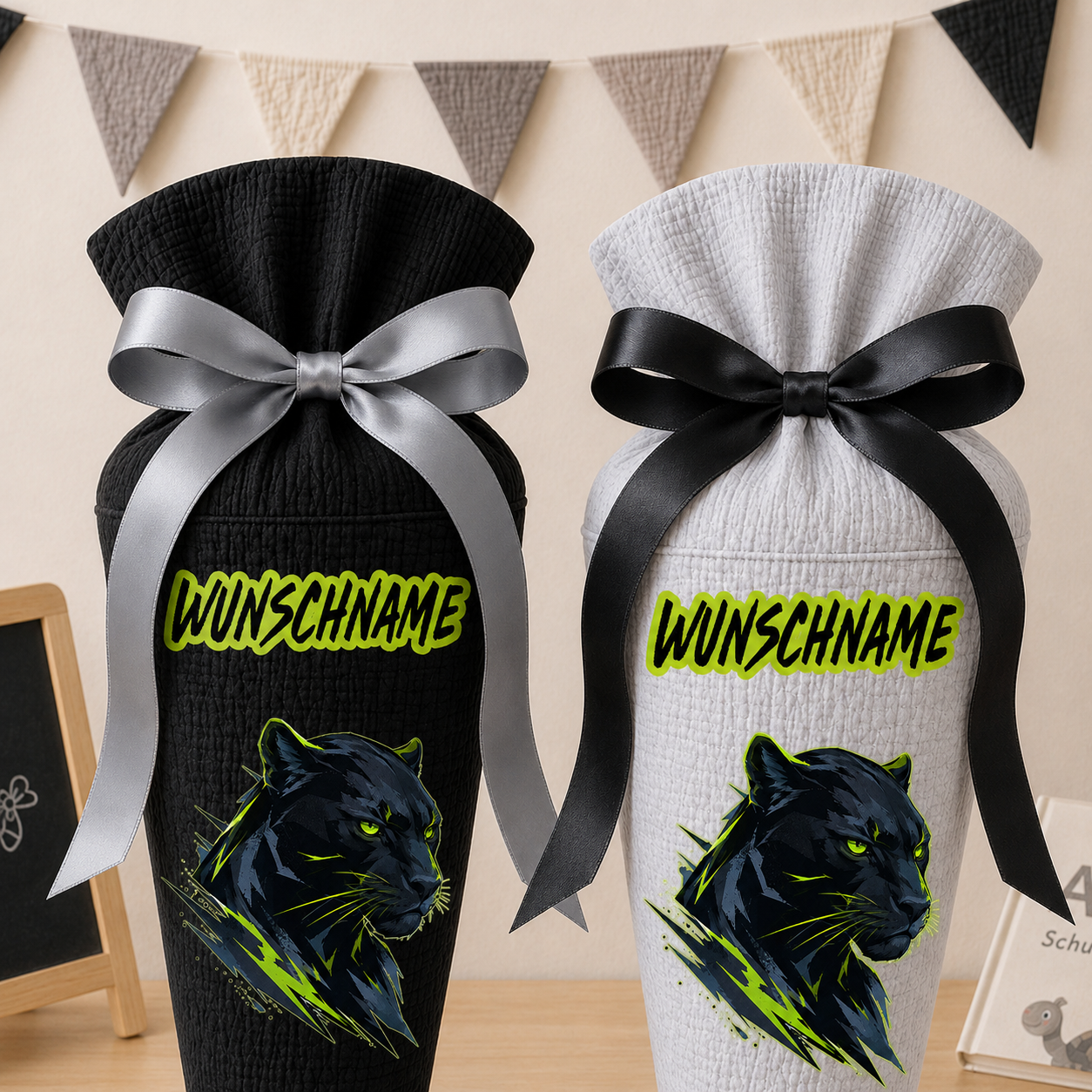 Schultüte schwarzer Panther mit Wunschname, personalisierte Schultüte aus Stoff Musselin mit Name individualisierbar, 70cm (85-90cm), 20 Grundfarben wählbar