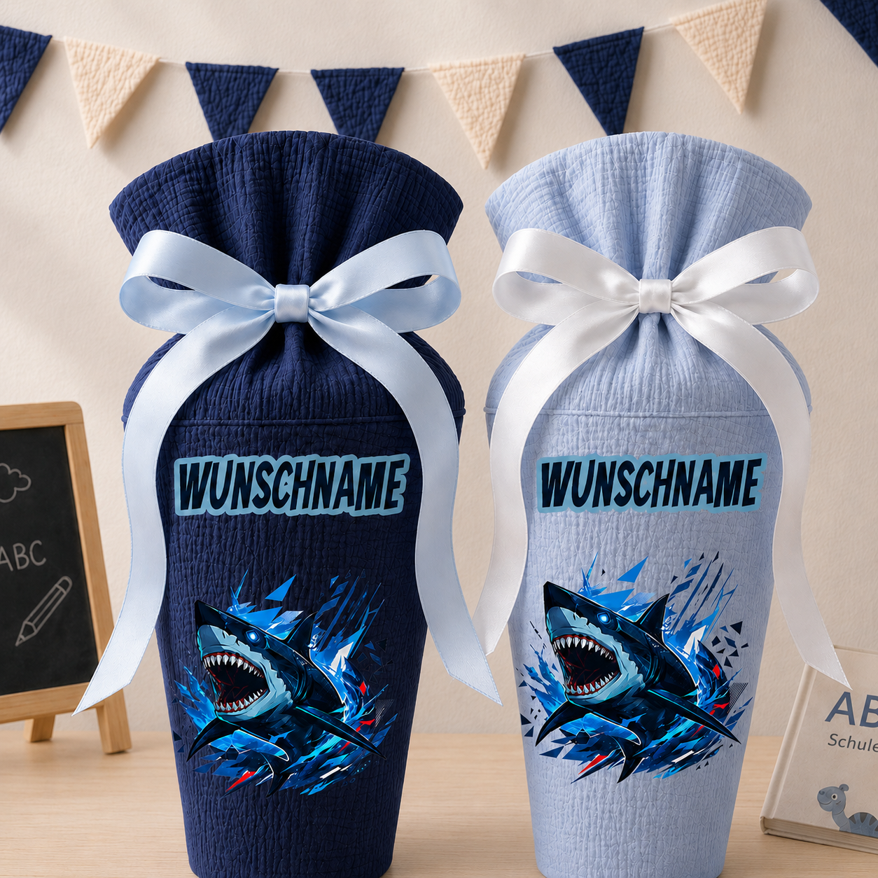 Schultüte HAI / Shark mit Wunschname, personalisierte Schultüte aus Stoff Musselin mit Name individualisierbar, 70cm (85-90cm), 20 Grundfarben wählbar