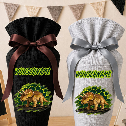 Schultüte Dinosaurier mit Wunschname, personalisierte Schultüte aus Stoff Musselin mit Name individualisierbar, 70cm (85-90cm), 20 Grundfarben wählbar