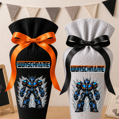 Schultüte Transformer mit Wunschname, personalisierte Schultüte aus Stoff Musselin mit Name individualisierbar, 70cm (85-90cm), 20 Grundfarben wählbar