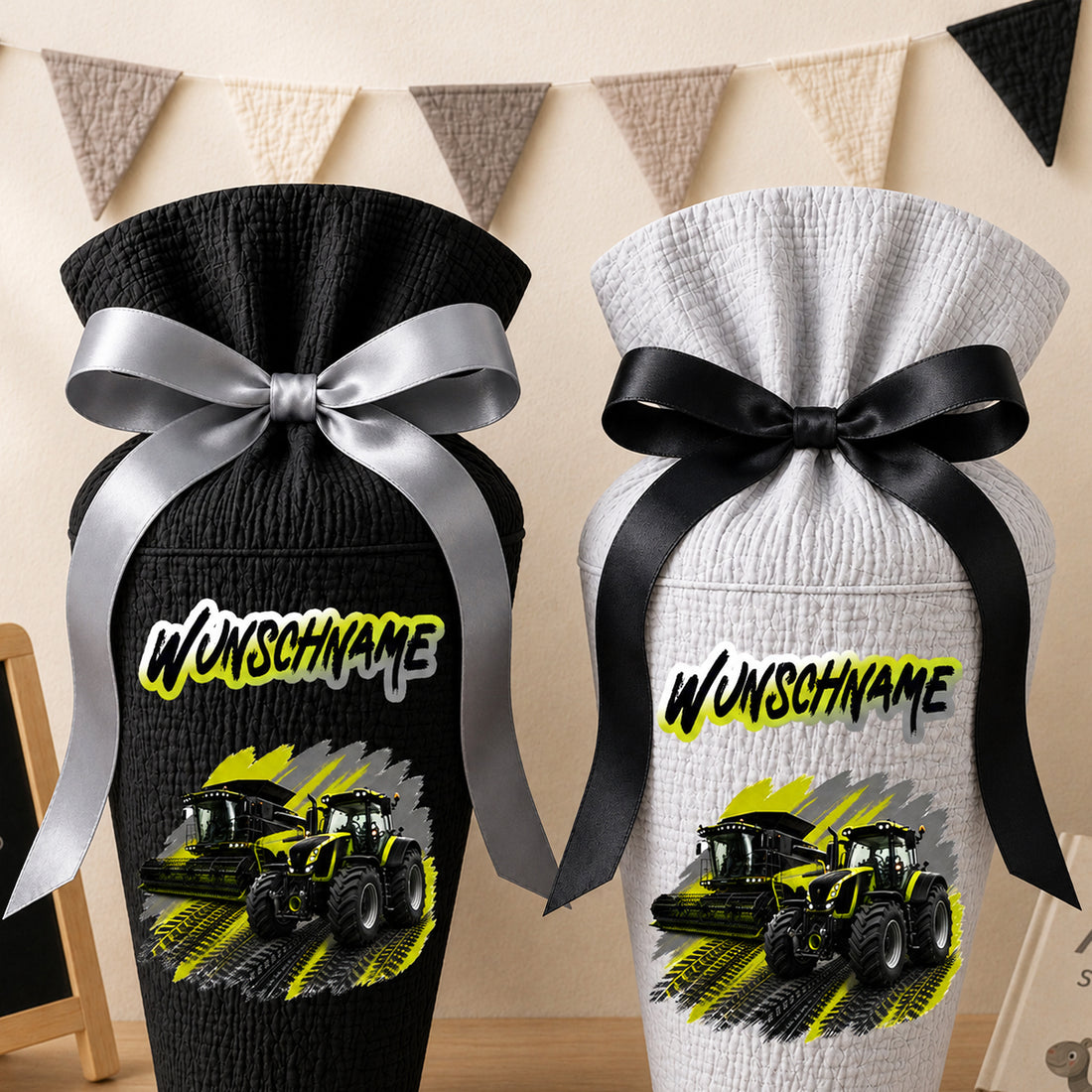 Schultüte Mähdrescher / Trecker mit Wunschname, personalisierte Schultüte aus Stoff Musselin mit Name individualisierbar, 70cm (85-90cm), 20 Grundfarben wählbar