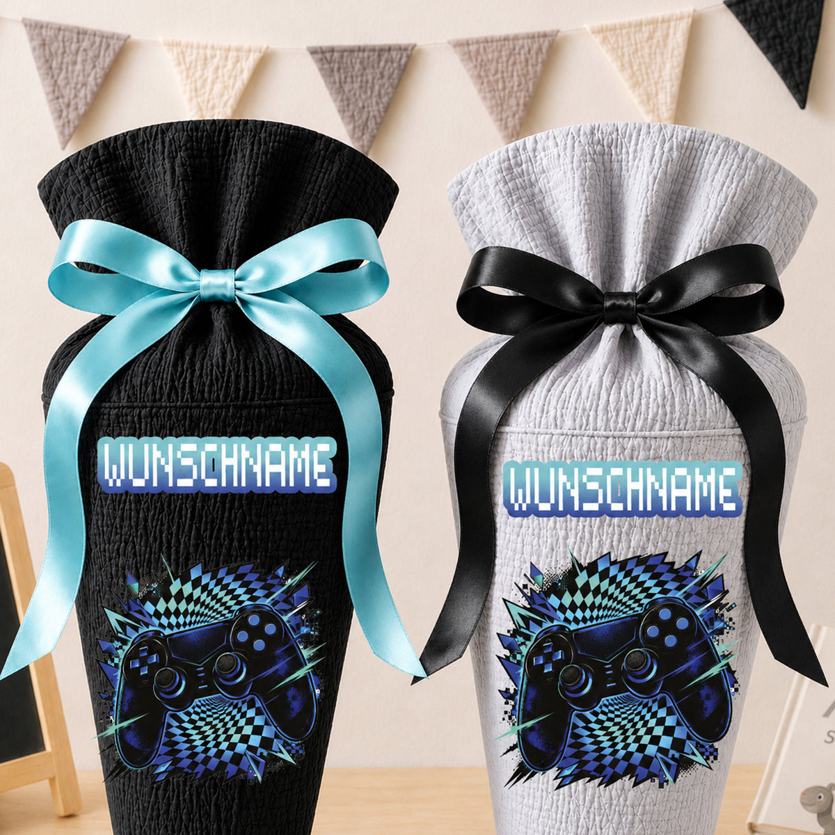 Schultüte GAMER mit Wunschname, personalisierte Schultüte aus Stoff Musselin mit Name individualisierbar, 70cm (85-90cm), 20 Grundfarben wählbar