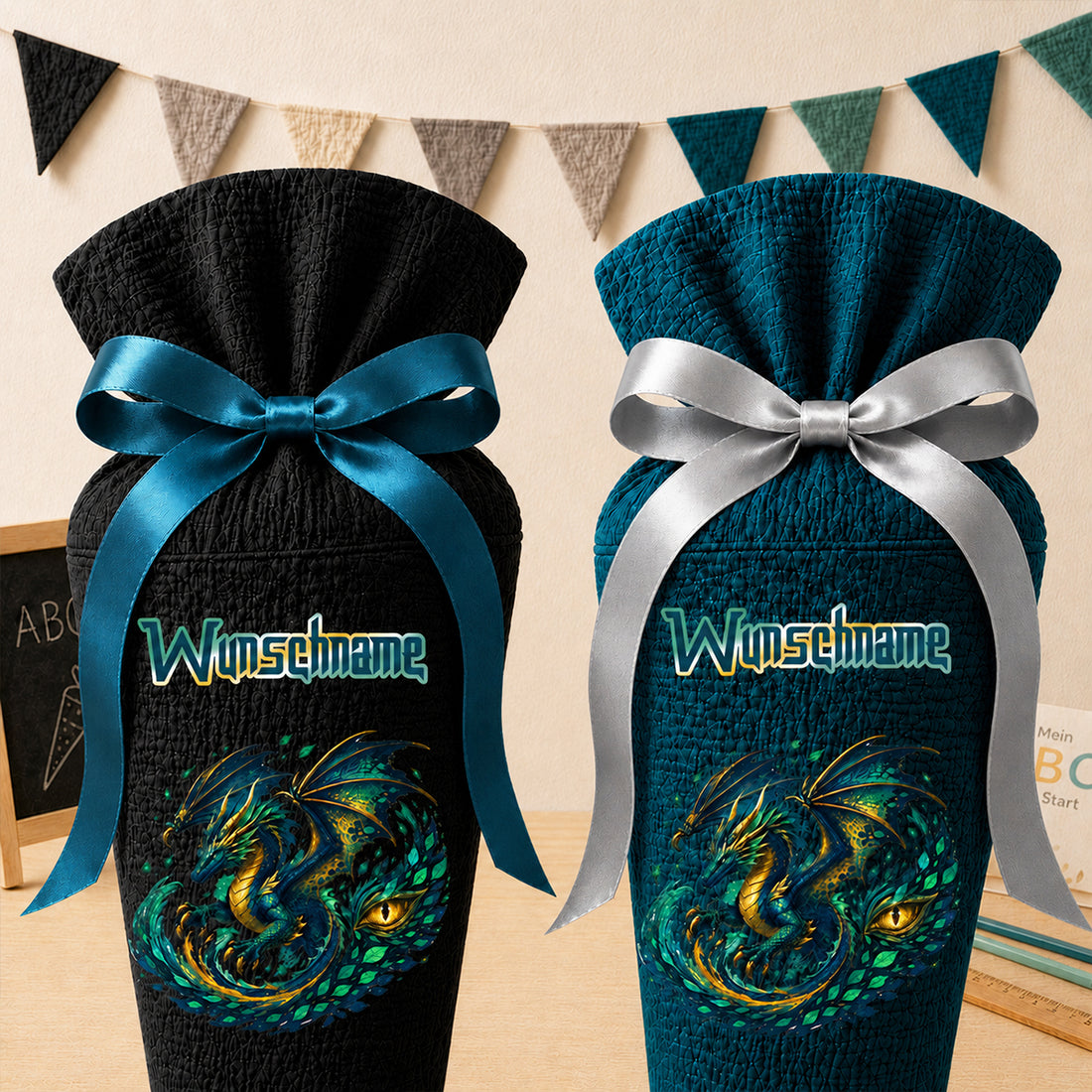 Schultüte DRACHE mit Wunschname, personalisierte Schultüte aus Stoff Musselin mit Name individualisierbar, 70cm (85-90cm), 20 Grundfarben wählbar