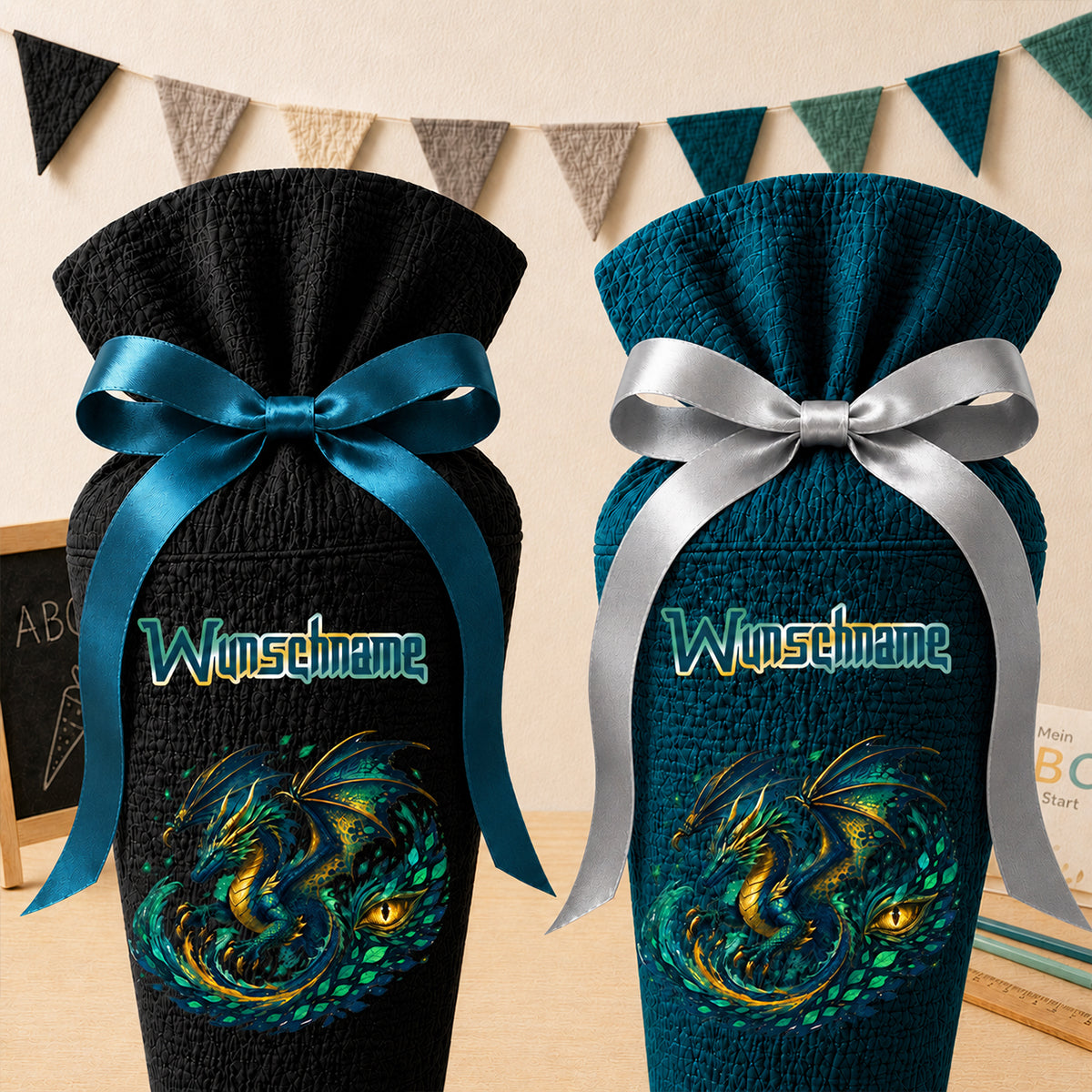 Schultüte DRACHE mit Wunschname, personalisierte Schultüte aus Stoff Musselin mit Name individualisierbar, 70cm (85-90cm), 20 Grundfarben wählbar