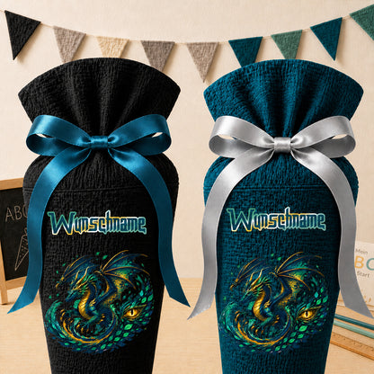 Schultüte DRACHE mit Wunschname, personalisierte Schultüte aus Stoff Musselin mit Name individualisierbar, 70cm (85-90cm), 20 Grundfarben wählbar