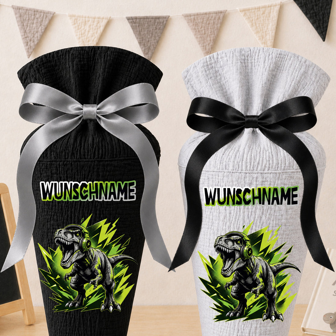 Schultüte DINOSAURIER SOUNDS mit Wunschname, personalisierte Schultüte aus Stoff Musselin mit Name individualisierbar, 70cm (85-90cm), 20 Grundfarben wählbar