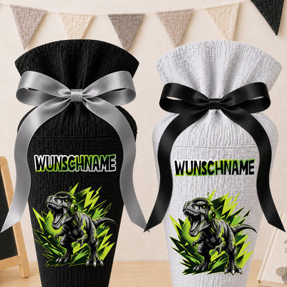 Schultüte DINOSAURIER SOUNDS mit Wunschname, personalisierte Schultüte aus Stoff Musselin mit Name individualisierbar, 70cm (85-90cm), 20 Grundfarben wählbar