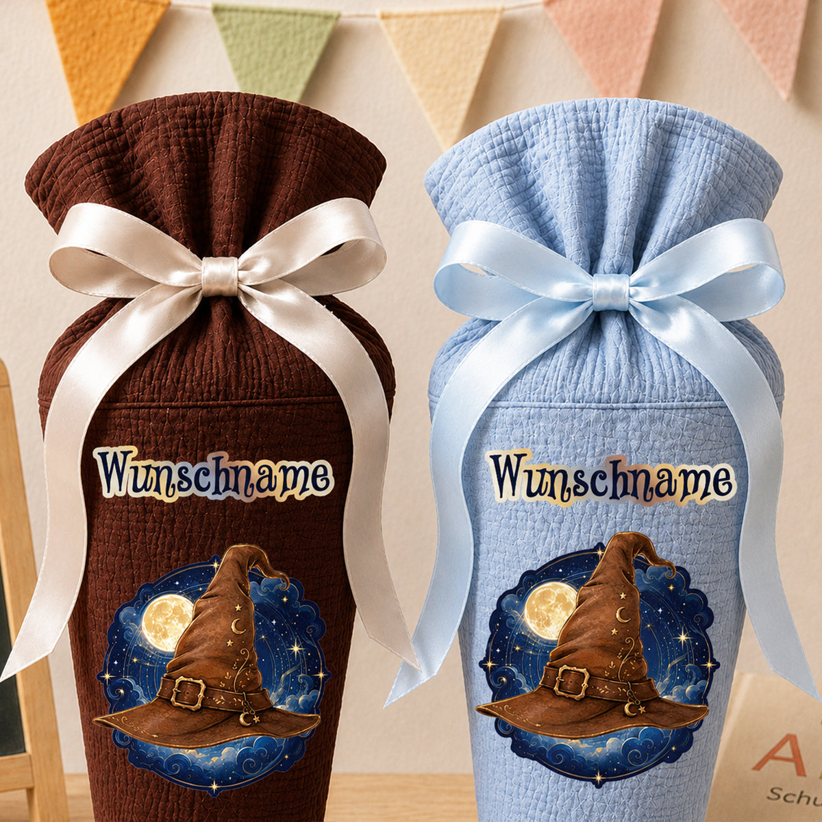 Schultüte MAGIE mit Wunschname, personalisierte Schultüte aus Stoff Musselin mit Name individualisierbar, 70cm (85-90cm), 20 Grundfarben wählbar (Kopie)