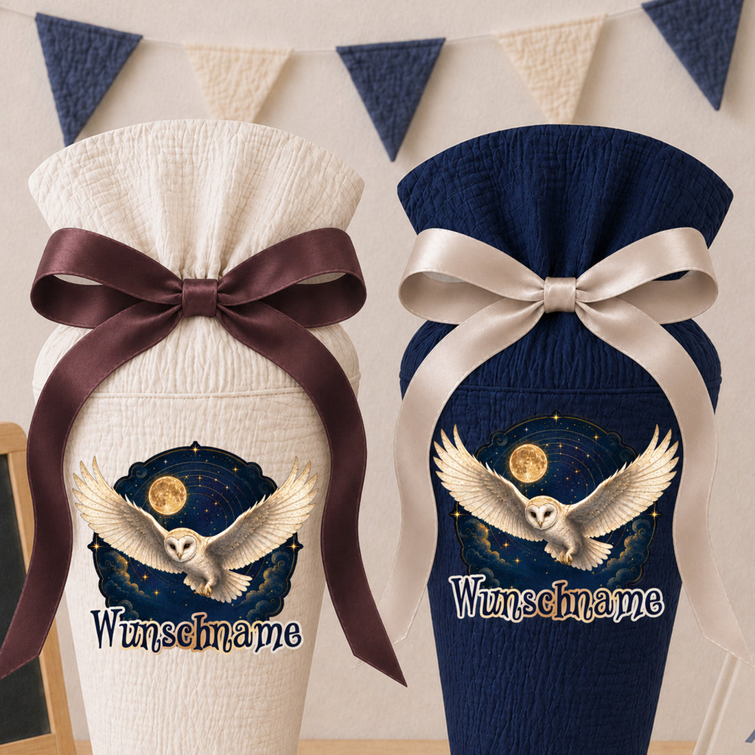 Schultüte EULE mit Wunschname, personalisierte Schultüte aus Stoff Musselin mit Name individualisierbar, 70cm (85-90cm), 20 Grundfarben wählbar