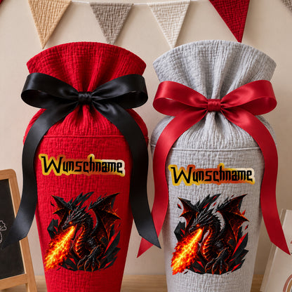 Schultüte FEUERDRACHE mit Wunschname, personalisierte Schultüte aus Stoff Musselin mit Name individualisierbar, 70cm (85-90cm), 20 Grundfarben wählbar