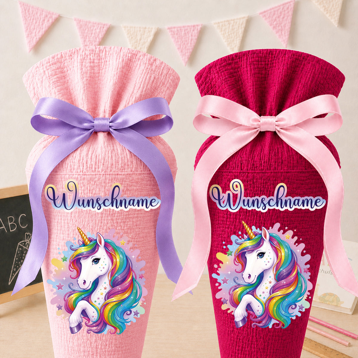 Schultüte Einhorn Regenbogen, personalisierte Schultüte aus Stoff Musselin mit Wunschname individualisierbar, 70cm (85-90cm), 20 Grundfarben